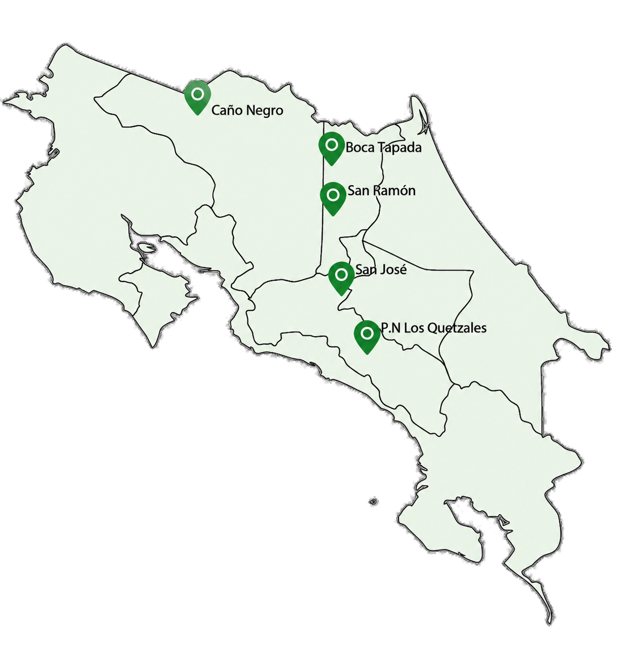 Mapa de Costa Rica con las cinco paradas del viaje fotográfico: Caño Negro, Boca Tapada, San Ramón, San José y el Parque Nacional Los Quetzales